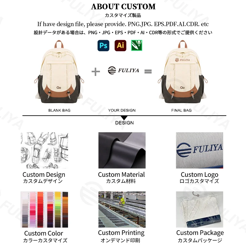 Guangzhou Fuliya Industry Co.,Ltd C-81346 This backpack features durable waterproof fabric, a dedicated laptop compartment, expandable side pockets, multi-functional pockets, and large capacity - ideal for school, commuting, and hiking.