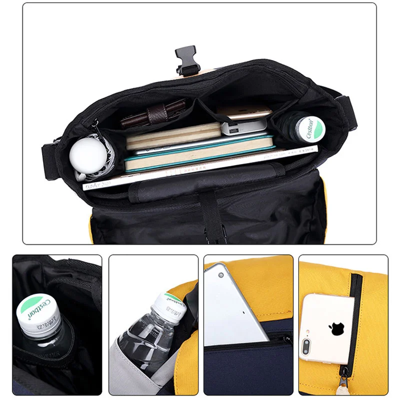 Guangzhou Fuliya Industry Co.,Ltd C-81348 Multi-pocket large-capacity canvas messenger bag, internal dividers for A4, fits laptop and camera, adjustable shoulder strap - ideal for photographers and students.
