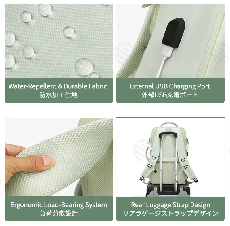 Guangzhou Fuliya Industry Co.,Ltd C-81349 Water-repellent durable fabric, external USB charging port, separate shoe compartment, rear luggage strap, ergonomic load-bearing system - ideal for business trips, commuting, and school.