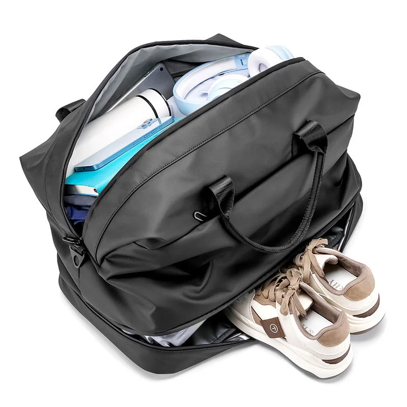 Guangzhou Fuliya Industry Co.,Ltd C-81377 This waterproof gym & travel duffel bag features a separate shoe compartment, wet/dry separation, luggage strap, and multiple pockets - perfect for business trips, travel, and gym.