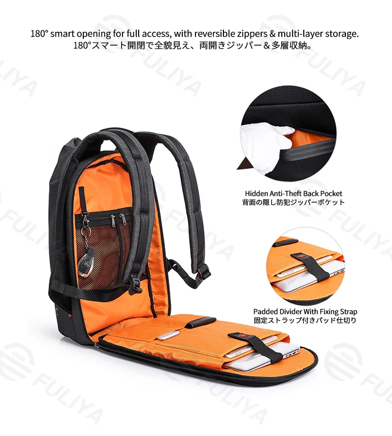 Guangzhou Fuliya Industry Co.,Ltd C-81380 Large capacity, 180° opening with multi-layer storage, hidden anti-theft pocket, charging buckle, side water bottle pocket, luggage strap, breathable mesh back panel - suitable for commuting, travel, and outdoor.