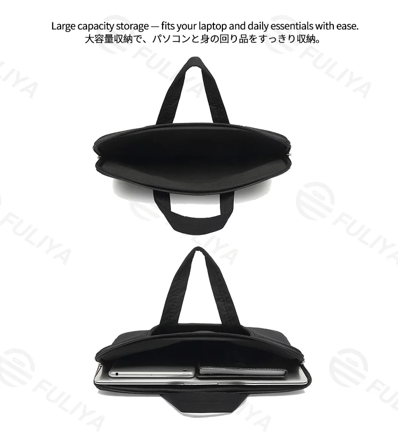 Guangzhou Fuliya Industry Co.,Ltd C-81384 This padded shockproof laptop handbag is made of durable waterproof fabric, large capacity for 14-inch laptops, plush lining for protection, with a hideaway handle and side pocket - ideal for commuting and travel.