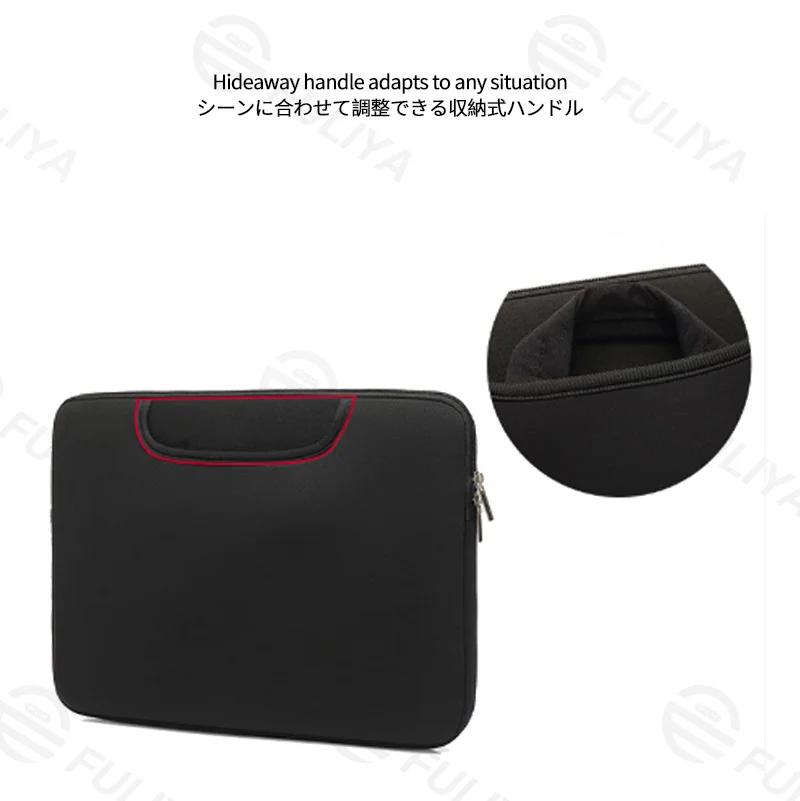 Guangzhou Fuliya Industry Co.,Ltd C-81384 This padded shockproof laptop handbag is made of durable waterproof fabric, large capacity for 14-inch laptops, plush lining for protection, with a hideaway handle and side pocket - ideal for commuting and travel.
