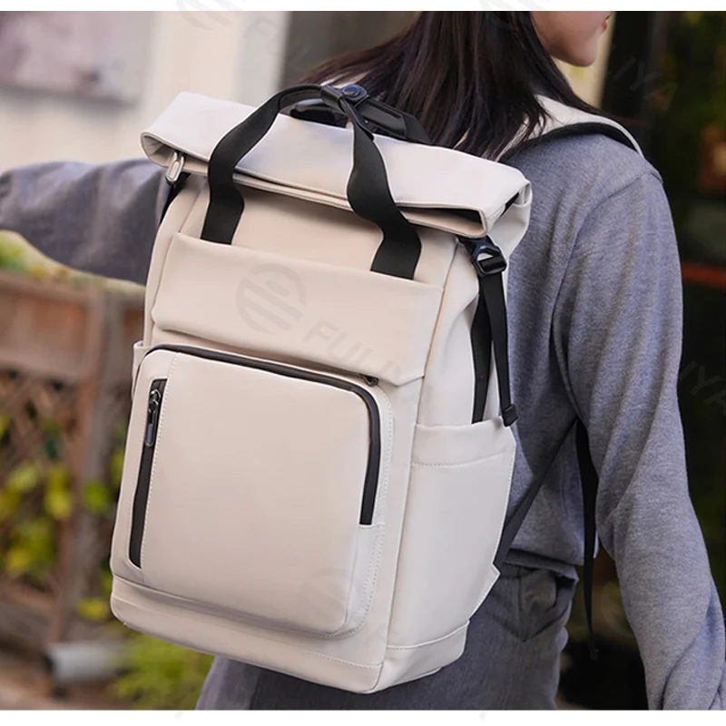 Guangzhou Fuliya Industry Co.,Ltd C-81385 This waterproof backpack features multi-compartment large capacity, buckle flap closure, adjustable straps, thickened breathable back panel, and luggage strap - ideal for commuting, travel, and outdoor.