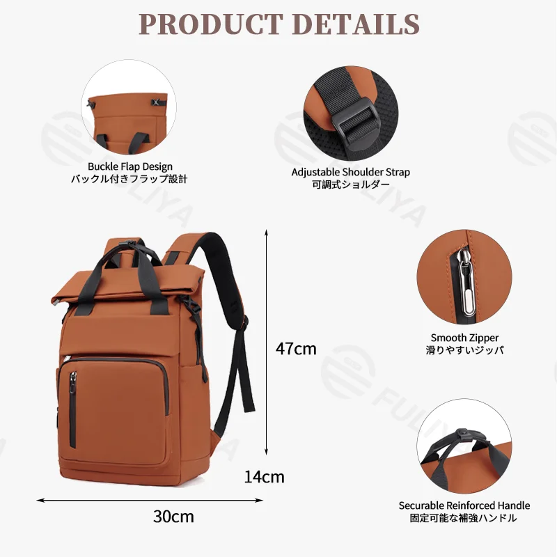 Guangzhou Fuliya Industry Co.,Ltd C-81385 This waterproof backpack features multi-compartment large capacity, buckle flap closure, adjustable straps, thickened breathable back panel, and luggage strap - ideal for commuting, travel, and outdoor.