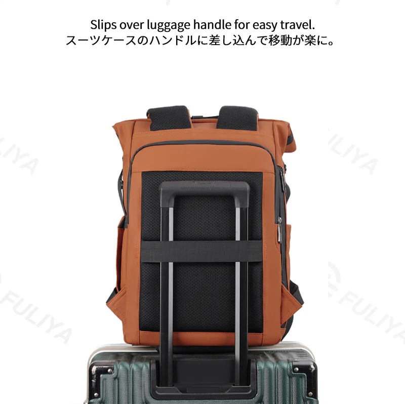 Guangzhou Fuliya Industry Co.,Ltd C-81385 This waterproof backpack features multi-compartment large capacity, buckle flap closure, adjustable straps, thickened breathable back panel, and luggage strap - ideal for commuting, travel, and outdoor.