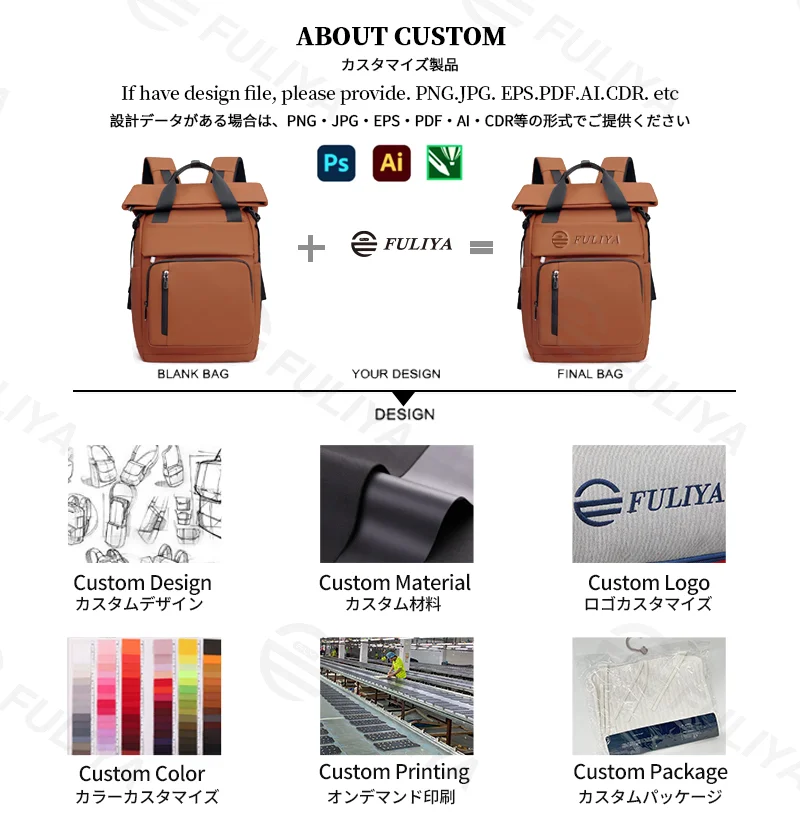 Guangzhou Fuliya Industry Co.,Ltd C-81385 This waterproof backpack features multi-compartment large capacity, buckle flap closure, adjustable straps, thickened breathable back panel, and luggage strap - ideal for commuting, travel, and outdoor.