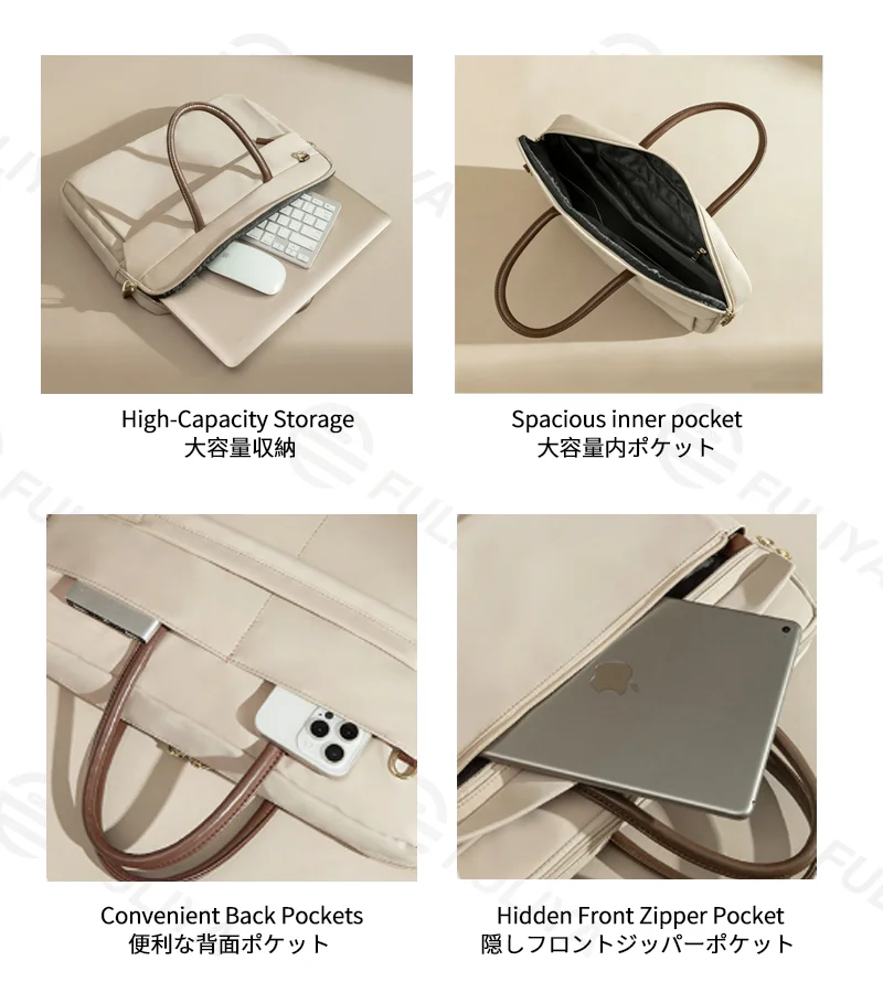 Guangzhou Fuliya Industry Co.,Ltd C-81386 This lightweight waterproof laptop bag features large inner pockets, back pockets, hidden front zipper pocket, and luggage strap - ideal for commuting and business.