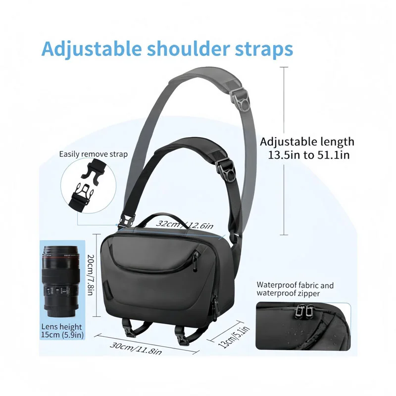 Guangzhou Fuliya Industry Co.,Ltd C-81388 This waterproof camera shoulder bag features an adjustable strap, tripod straps, a separate card pocket, detachable keychain, and scratch-proof zipper - lightweight and ideal for photography and travel.
