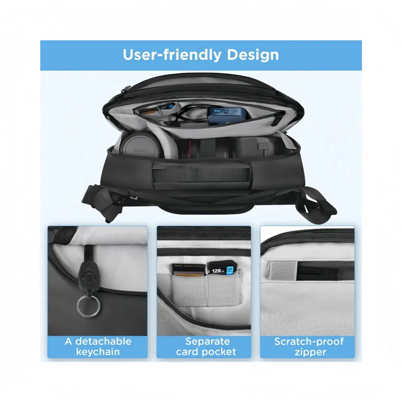 Guangzhou Fuliya Industry Co.,Ltd C-81388 This waterproof camera shoulder bag features an adjustable strap, tripod straps, a separate card pocket, detachable keychain, and scratch-proof zipper - lightweight and ideal for photography and travel.