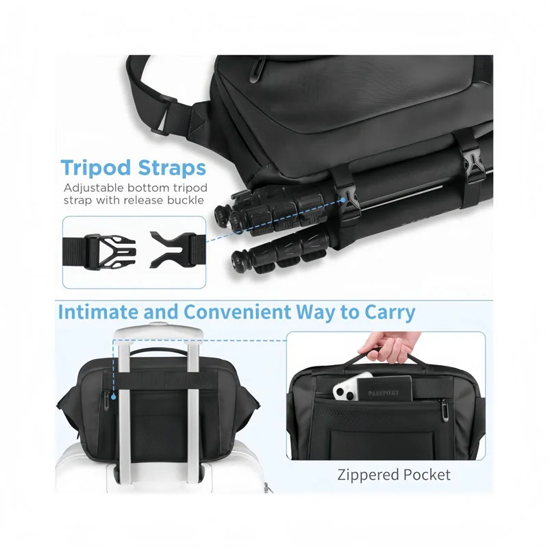 Guangzhou Fuliya Industry Co.,Ltd C-81388 This waterproof camera shoulder bag features an adjustable strap, tripod straps, a separate card pocket, detachable keychain, and scratch-proof zipper - lightweight and ideal for photography and travel.