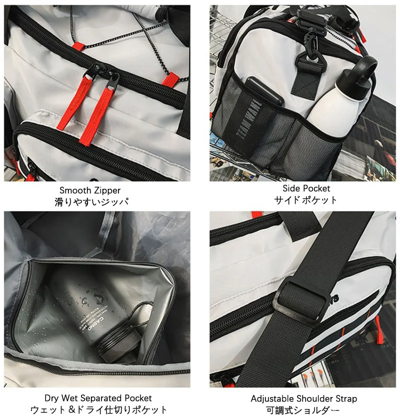 Guangzhou Fuliya Industry Co.,Ltd C-81389 This multi-functional travel bag features water-repellent fabric, a separate shoe compartment, wet/dry separation pocket, and adjustable shoulder strap - perfect for gym, travel, and daily use.