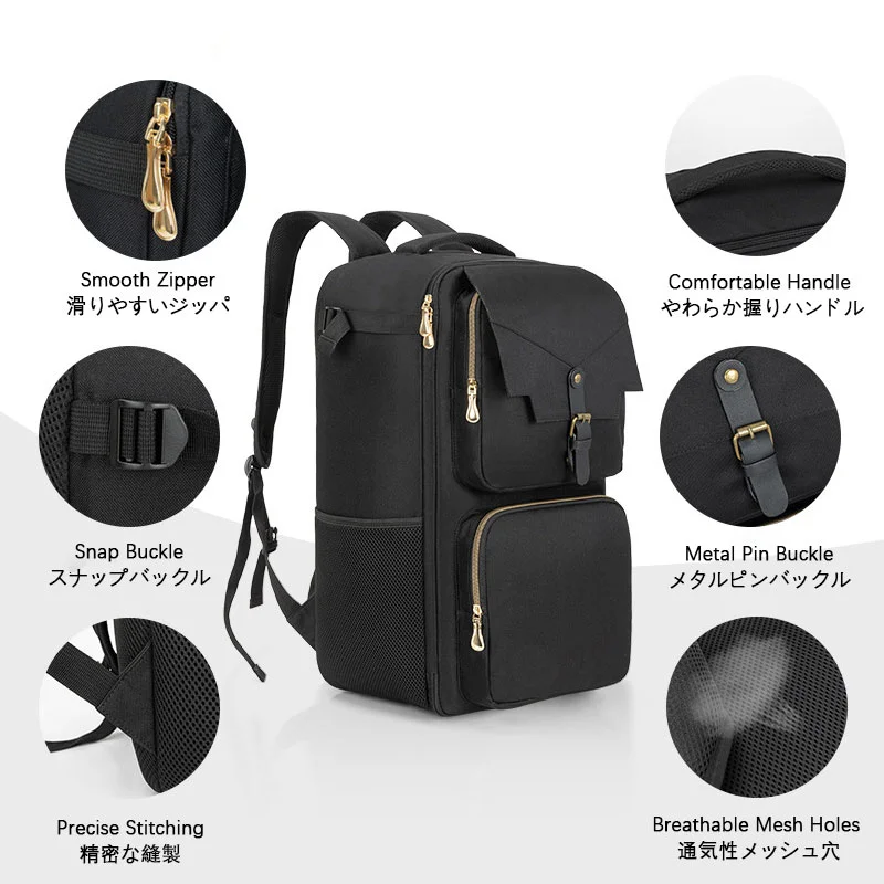 Guangzhou Fuliya Industry Co.,Ltd C-81390 This multi-functional camera backpack features DIY dividers for customizable storage, a waterproof compartment, laptop sleeve, breathable mesh, and snap/metal buckles - ideal for photography and travel.