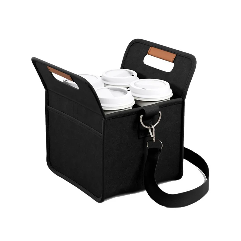 Guangzhou Fuliya Industry Co.,Ltd C-81393 Foldable portable drink cup holder with adjustable strap, Velcro divider, leather handle, reinforced stitching, and secure buckle clips - ideal for outdoor, café, and travel.