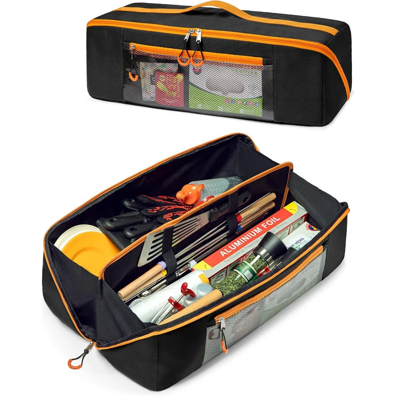 Guangzhou Fuliya Industry Co.,Ltd C-81394 This waterproof, tear-resistant Oxford bag features a front zipper pocket, elastic bands on both sides, and smooth zippers - ideal for outdoor, camping, and BBQ.