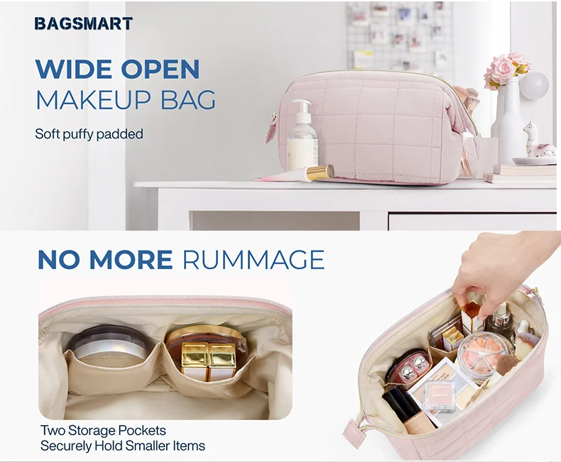 Guangzhou Fuliya Industry Co.,Ltd C-81395 Puffy padded makeup bag with wide opening, multi-compartments, PVC lining for easy cleaning, and water-resistant fabric - perfect for makeup, toiletries, and travel.