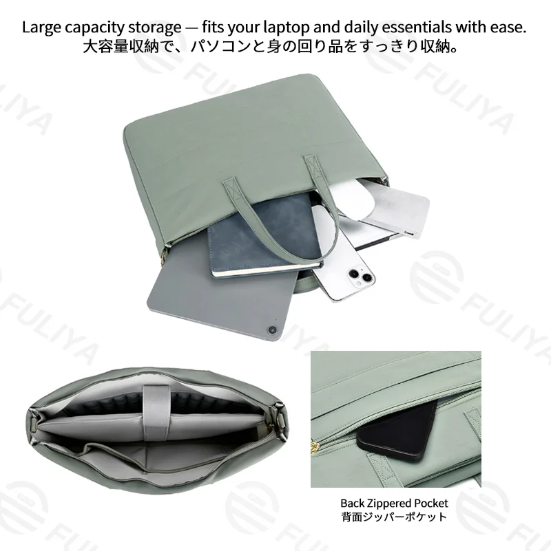 Guangzhou Fuliya Industry Co.,Ltd C-81401 This versatile tote bag is water-repellent and scratch-resistant, with air-cushion protection, large capacity for a laptop, detachable shoulder strap, and trolley strap - perfect for commuting and travel.