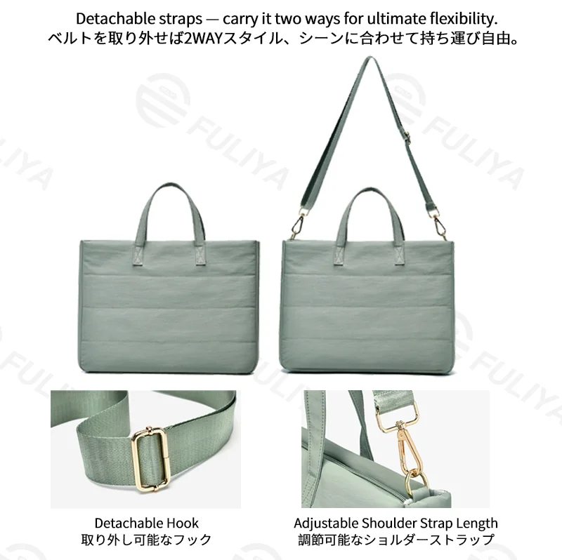Guangzhou Fuliya Industry Co.,Ltd C-81401 This versatile tote bag is water-repellent and scratch-resistant, with air-cushion protection, large capacity for a laptop, detachable shoulder strap, and trolley strap - perfect for commuting and travel.