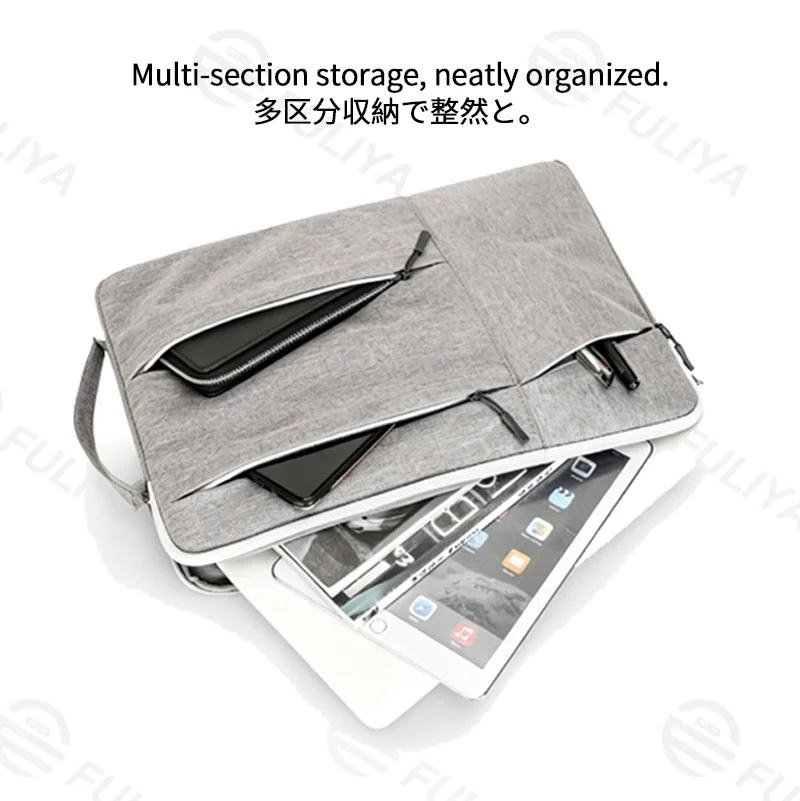 Guangzhou Fuliya Industry Co.,Ltd C-81402 This multi-functional laptop sleeve features multi-section storage, internal pockets for laptop, wallet, phone, and pen, available in S/M/L sizes - ideal for commuting, business trips, and school.