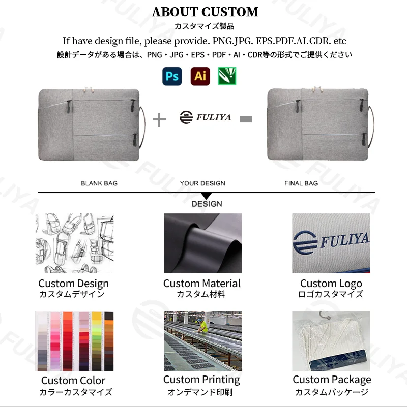Guangzhou Fuliya Industry Co.,Ltd C-81402 This multi-functional laptop sleeve features multi-section storage, internal pockets for laptop, wallet, phone, and pen, available in S/M/L sizes - ideal for commuting, business trips, and school.