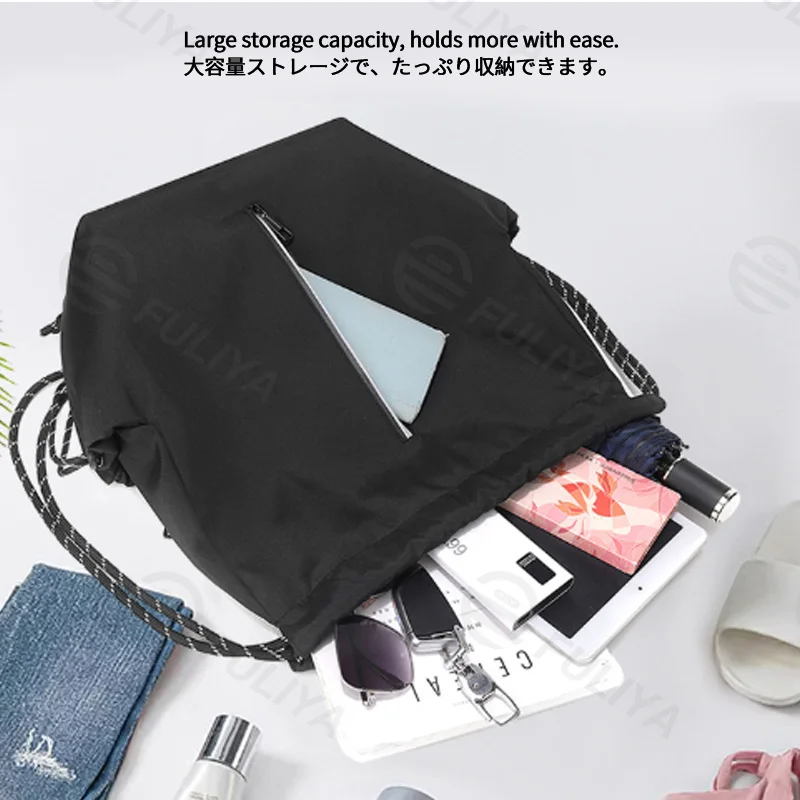Guangzhou Fuliya Industry Co.,Ltd C-81404 This lightweight (290g) drawstring bag features reflective strips, large capacity, front/side pockets, and an anti-theft back pocket - perfect for outdoor, travel, and daily use.