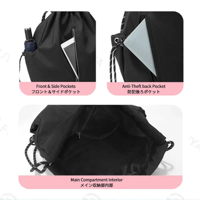 Guangzhou Fuliya Industry Co.,Ltd C-81404 This lightweight (290g) drawstring bag features reflective strips, large capacity, front/side pockets, and an anti-theft back pocket - perfect for outdoor, travel, and daily use.
