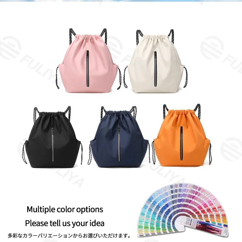 Guangzhou Fuliya Industry Co.,Ltd C-81404 This lightweight (290g) drawstring bag features reflective strips, large capacity, front/side pockets, and an anti-theft back pocket - perfect for outdoor, travel, and daily use.
