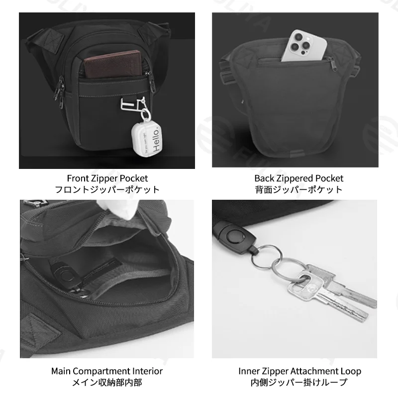 Guangzhou Fuliya Industry Co.,Ltd C-81406 This waterproof and durable multi-functional bag can be worn as a chest, leg, or shoulder bag, with multiple pockets and secure buckles - perfect for sports and commuting.