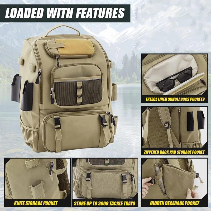 Guangzhou Fuliya Industry Co.,Ltd C-81407 This large-capacity fishing backpack features adjustable dividers, a breathable back pad, and dedicated pockets for sunglasses, knife, and hydration - ideal for fishing and outdoor activities.