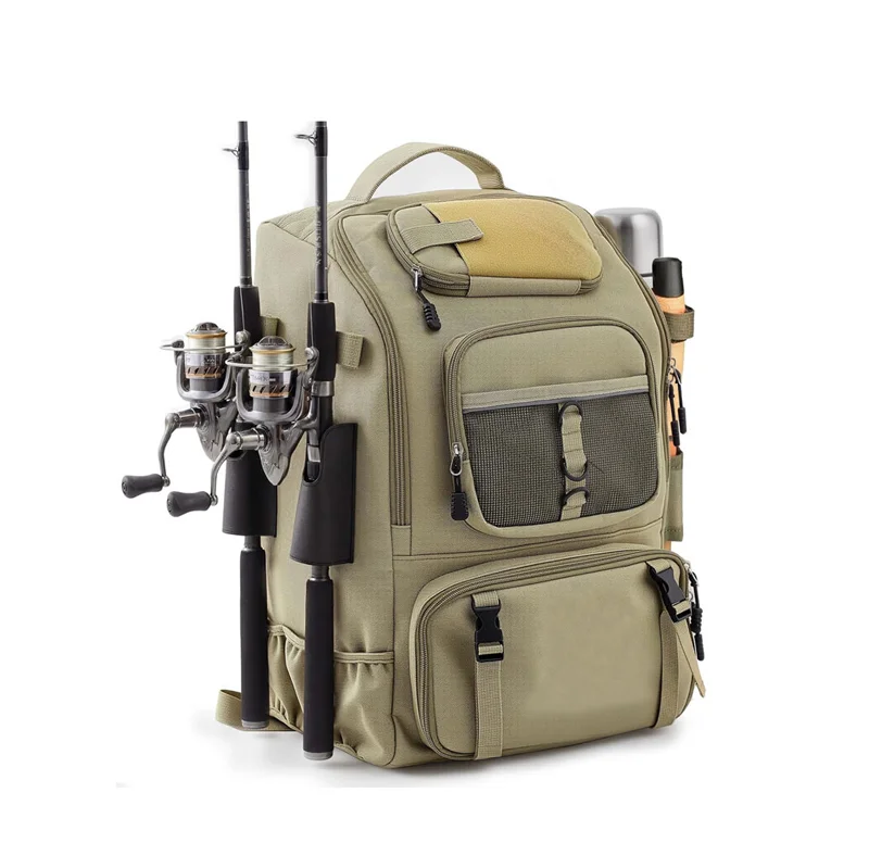 Guangzhou Fuliya Industry Co.,Ltd C-81407 This large-capacity fishing backpack features adjustable dividers, a breathable back pad, and dedicated pockets for sunglasses, knife, and hydration - ideal for fishing and outdoor activities.