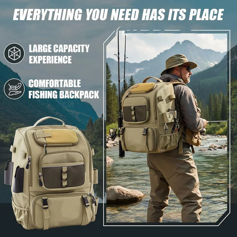 Guangzhou Fuliya Industry Co.,Ltd C-81407 This large-capacity fishing backpack features adjustable dividers, a breathable back pad, and dedicated pockets for sunglasses, knife, and hydration - ideal for fishing and outdoor activities.