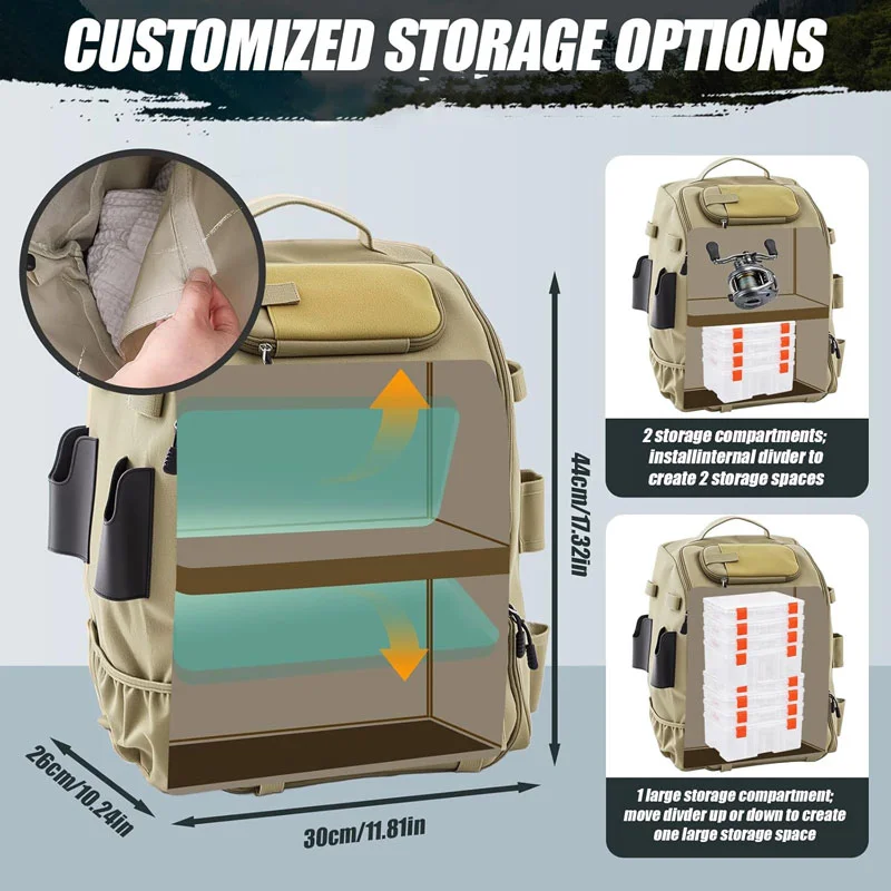 Guangzhou Fuliya Industry Co.,Ltd C-81407 This large-capacity fishing backpack features adjustable dividers, a breathable back pad, and dedicated pockets for sunglasses, knife, and hydration - ideal for fishing and outdoor activities.