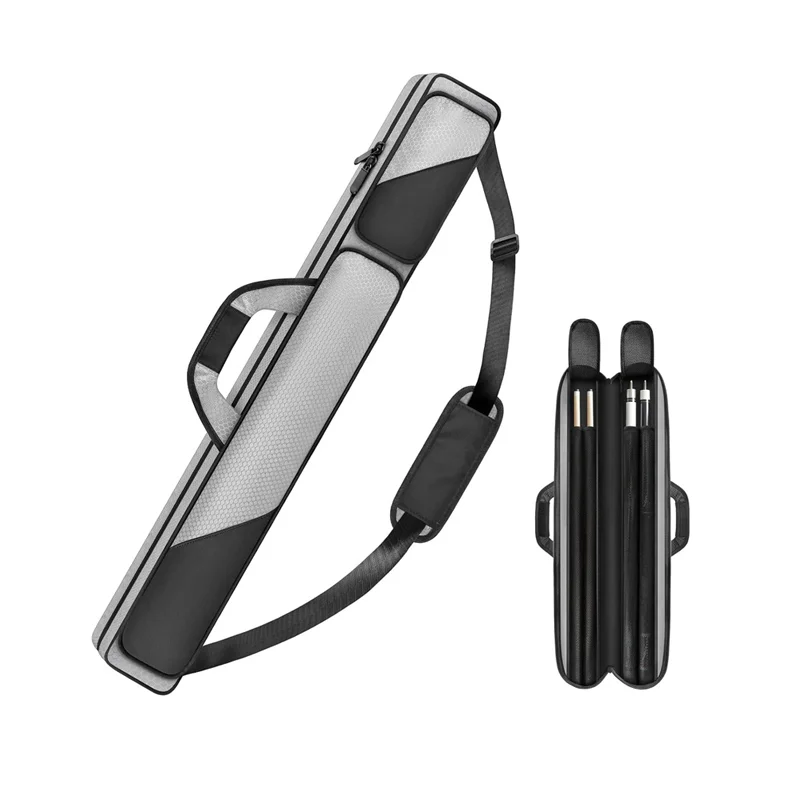 Guangzhou Fuliya Industry Co.,Ltd C-81408 This 600D polyester cue case is water-resistant and scratch-resistant, with soft protective padding and mesh flap, large pockets, and shoulder strap - ideal for billiards and snooker players.