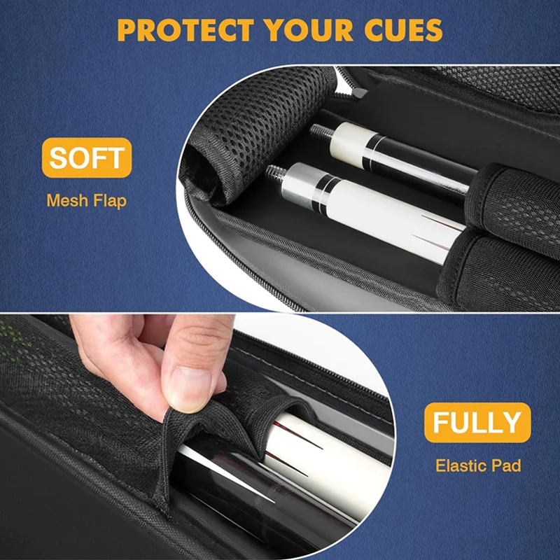 Guangzhou Fuliya Industry Co.,Ltd C-81408 This 600D polyester cue case is water-resistant and scratch-resistant, with soft protective padding and mesh flap, large pockets, and shoulder strap - ideal for billiards and snooker players.