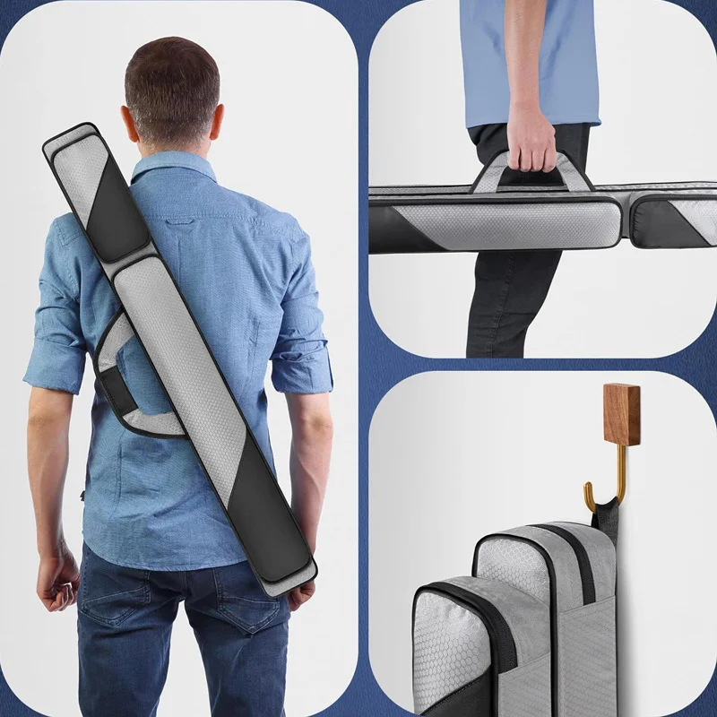 Guangzhou Fuliya Industry Co.,Ltd C-81408 This 600D polyester cue case is water-resistant and scratch-resistant, with soft protective padding and mesh flap, large pockets, and shoulder strap - ideal for billiards and snooker players.