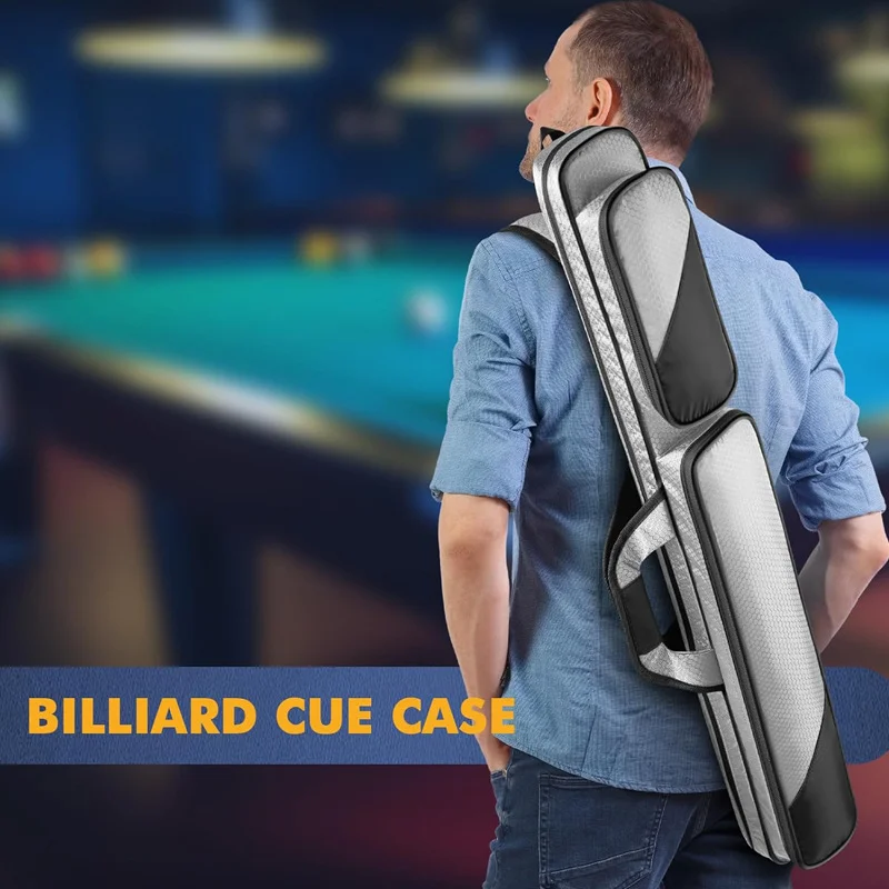 Guangzhou Fuliya Industry Co.,Ltd C-81408 This 600D polyester cue case is water-resistant and scratch-resistant, with soft protective padding and mesh flap, large pockets, and shoulder strap - ideal for billiards and snooker players.