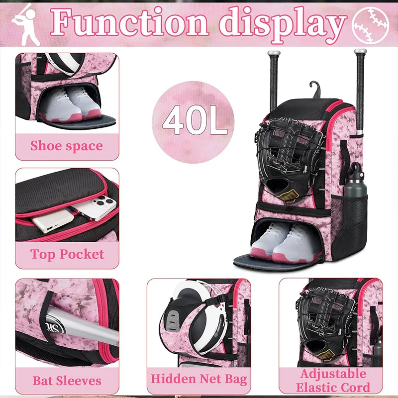 Guangzhou Fuliya Industry Co.,Ltd C-81409 40L large capacity, with waterproof pocket, helmet holder, bat sleeves, and shoe compartment, breathable and wear-resistant fabric, shoulder strap with whistle - ideal for baseball, softball, and hockey.