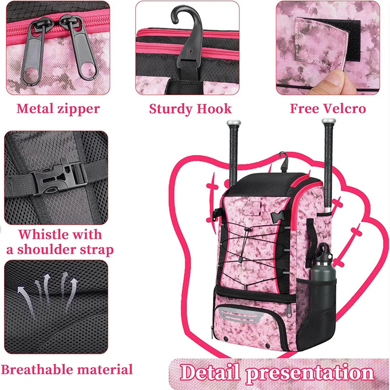 Guangzhou Fuliya Industry Co.,Ltd C-81409 40L large capacity, with waterproof pocket, helmet holder, bat sleeves, and shoe compartment, breathable and wear-resistant fabric, shoulder strap with whistle - ideal for baseball, softball, and hockey.