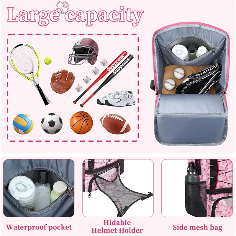 Guangzhou Fuliya Industry Co.,Ltd C-81409 40L large capacity, with waterproof pocket, helmet holder, bat sleeves, and shoe compartment, breathable and wear-resistant fabric, shoulder strap with whistle - ideal for baseball, softball, and hockey.