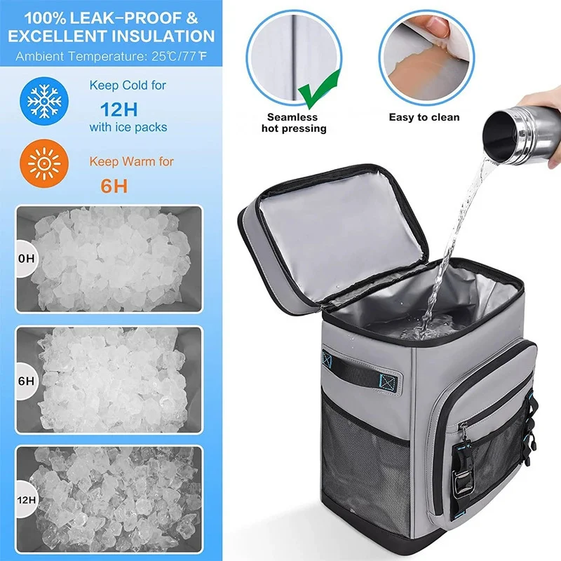 Guangzhou Fuliya Industry Co.,Ltd C-81410 This 30L large‑capacity cooler bag is 100% leak‑proof, keeps cold 12h and warm 6h, with picnic mat and cutlery storage – perfect for camping, picnics, and beach.