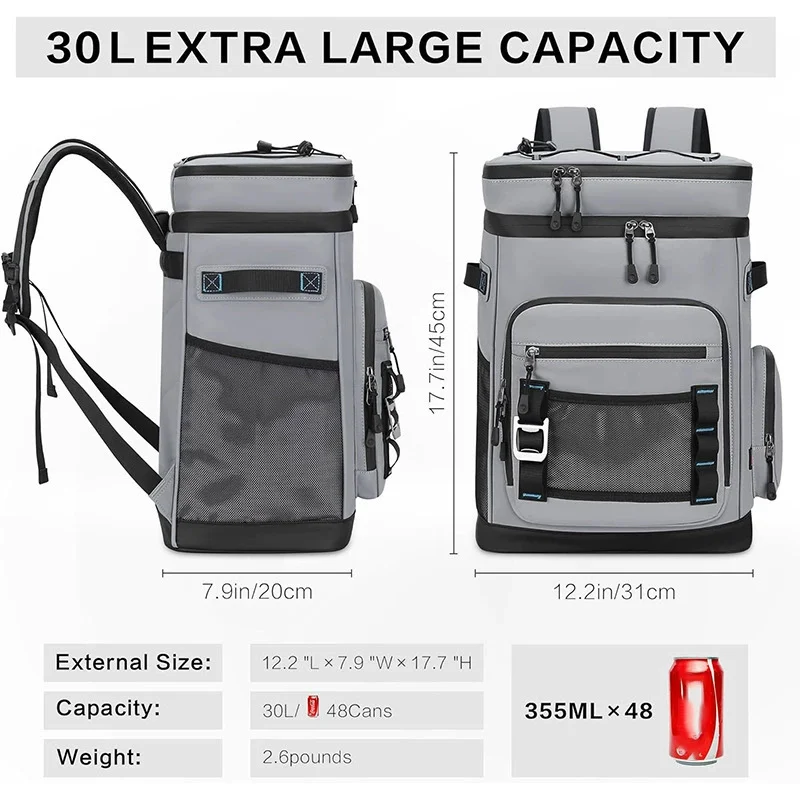 Guangzhou Fuliya Industry Co.,Ltd C-81410 This 30L large‑capacity cooler bag is 100% leak‑proof, keeps cold 12h and warm 6h, with picnic mat and cutlery storage – perfect for camping, picnics, and beach.