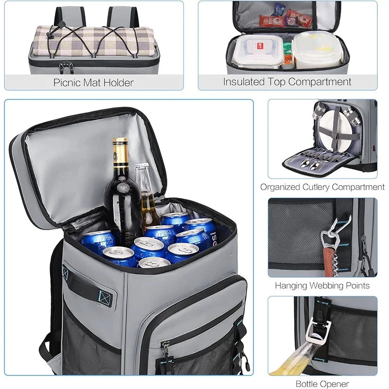 Guangzhou Fuliya Industry Co.,Ltd C-81410 This 30L large‑capacity cooler bag is 100% leak‑proof, keeps cold 12h and warm 6h, with picnic mat and cutlery storage – perfect for camping, picnics, and beach.