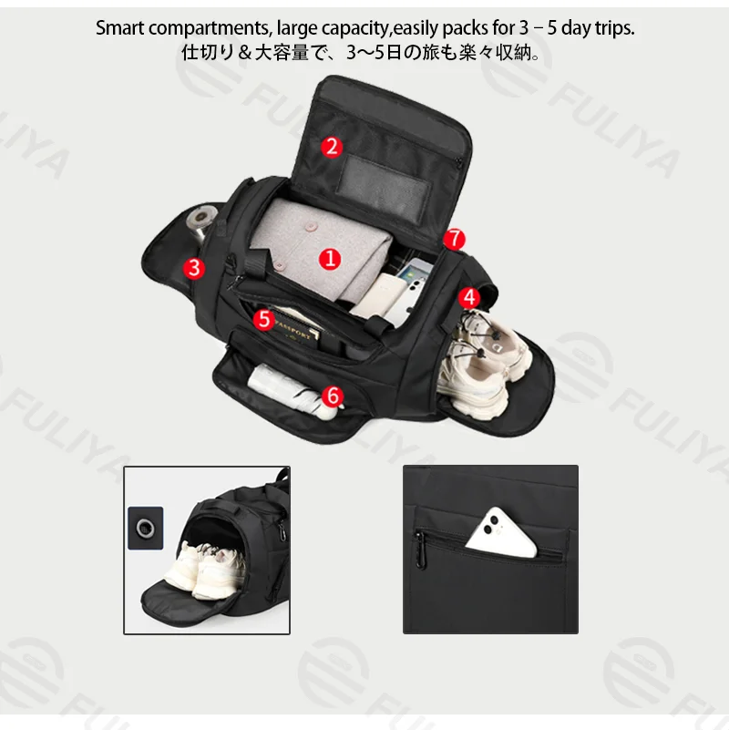 Guangzhou Fuliya Industry Co.,Ltd C-81417 This large-capacity travel bag is waterproof and durable, with smart compartments for 3-5 day trips, adjustable shoulder strap, and trolley strap - for business trips, travel, and gym.