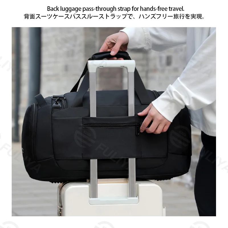 Guangzhou Fuliya Industry Co.,Ltd C-81417 This large-capacity travel bag is waterproof and durable, with smart compartments for 3-5 day trips, adjustable shoulder strap, and trolley strap - for business trips, travel, and gym.