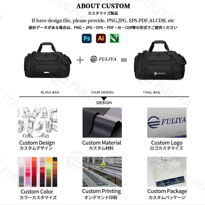 Guangzhou Fuliya Industry Co.,Ltd C-81417 This large-capacity travel bag is waterproof and durable, with smart compartments for 3-5 day trips, adjustable shoulder strap, and trolley strap - for business trips, travel, and gym.