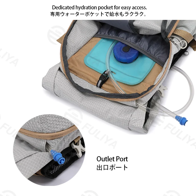Guangzhou Fuliya Industry Co.,Ltd C-81419 This lightweight (955g) backpack features a breathable back panel, hydration pocket, multi-layer storage, and an adjustable chest strap - perfect for trekking, travel, and outdoor.