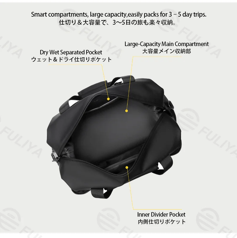 Guangzhou Fuliya Industry Co.,Ltd C-81428 This large-capacity travel bag is waterproof and durable, with wet/dry separation, multiple external pockets, trolley strap, and hand/crossbody carry - for 3-5 day business trips, travel, and gym.