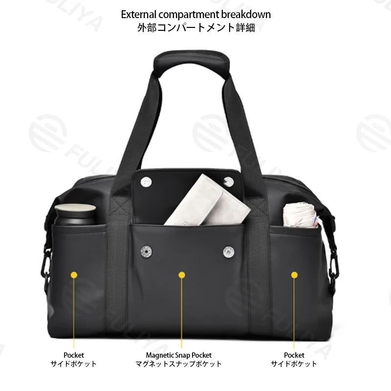 Guangzhou Fuliya Industry Co.,Ltd C-81428 This large-capacity travel bag is waterproof and durable, with wet/dry separation, multiple external pockets, trolley strap, and hand/crossbody carry - for 3-5 day business trips, travel, and gym.
