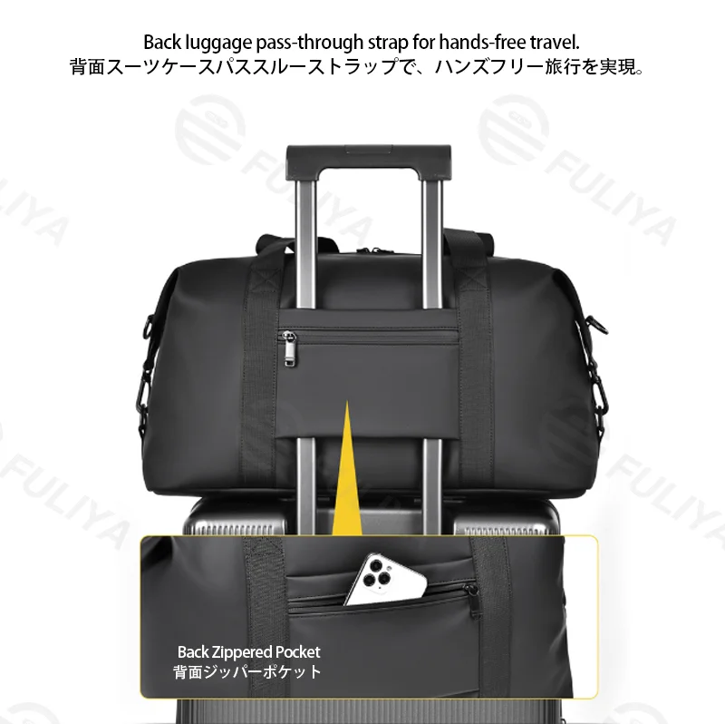 Guangzhou Fuliya Industry Co.,Ltd C-81428 This large-capacity travel bag is waterproof and durable, with wet/dry separation, multiple external pockets, trolley strap, and hand/crossbody carry - for 3-5 day business trips, travel, and gym.