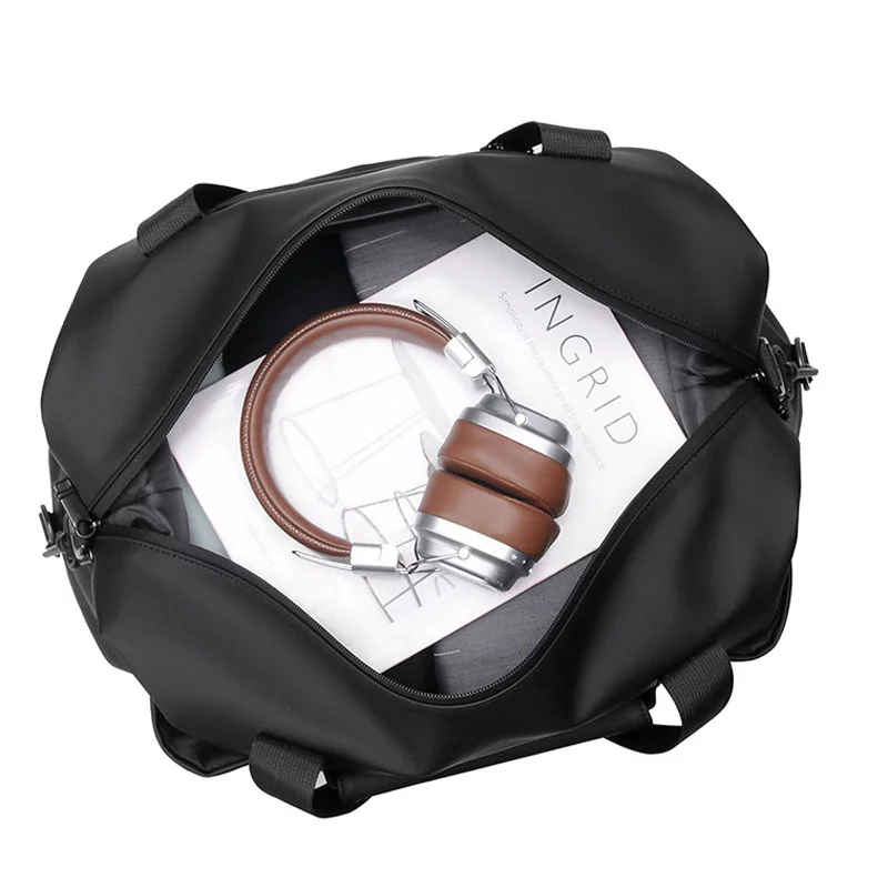 Guangzhou Fuliya Industry Co.,Ltd C-81428 This large-capacity travel bag is waterproof and durable, with wet/dry separation, multiple external pockets, trolley strap, and hand/crossbody carry - for 3-5 day business trips, travel, and gym.